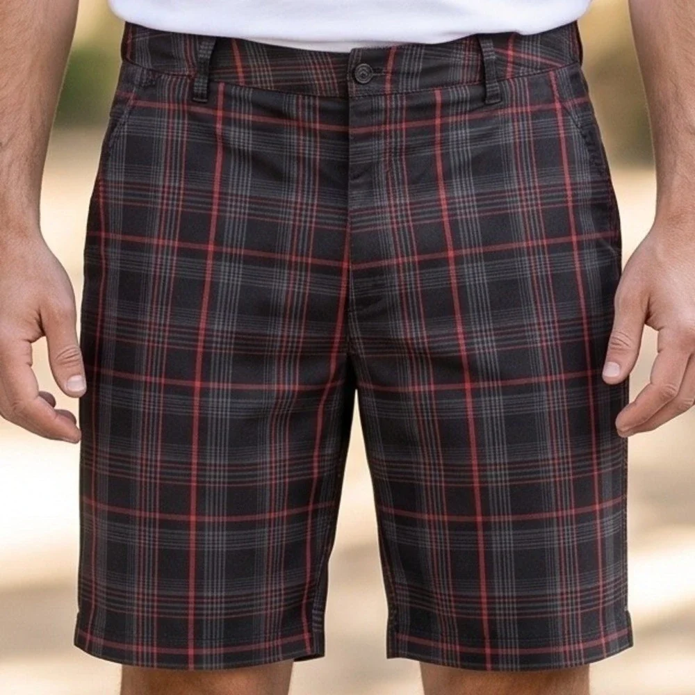 Fila Sport Golf Shorts Mens Black Red Plaid Flat Front Performance Activewear